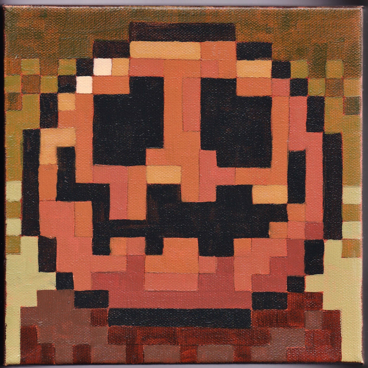 Smiley Pumpkin art print by Russ Renshaw: a 16-bit pixel-art grinning jack-o'-lantern in orange and black