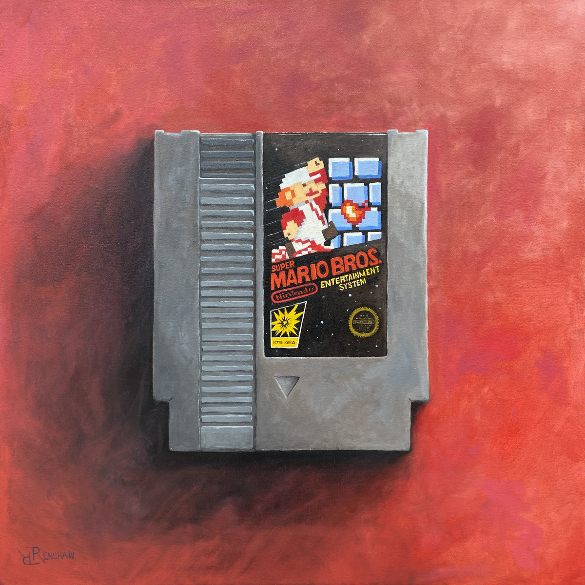 My Genesis: 01.nes art print by Russ Renshaw: a Super Mario Bros. NES cartridge on a red background