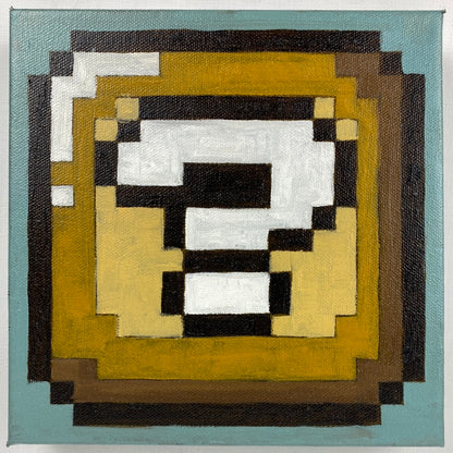 An oil on canvas painting featuring a pixel-style question block from a video game, with a yellow background, black and white question mark, and a blue border.