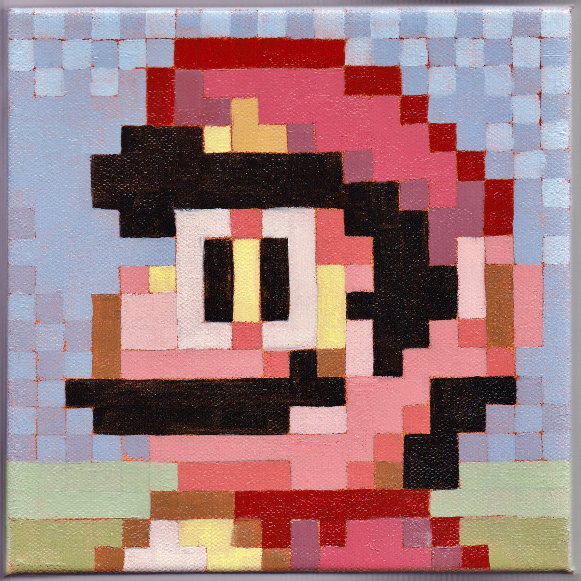 A pixel art painting of the character Mario from the Super Mario series, depicted in a colorful, abstract style on a blue background.