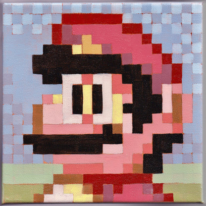 A pixel art painting of the character Mario from the Super Mario series, depicted in a colorful, abstract style on a blue background.