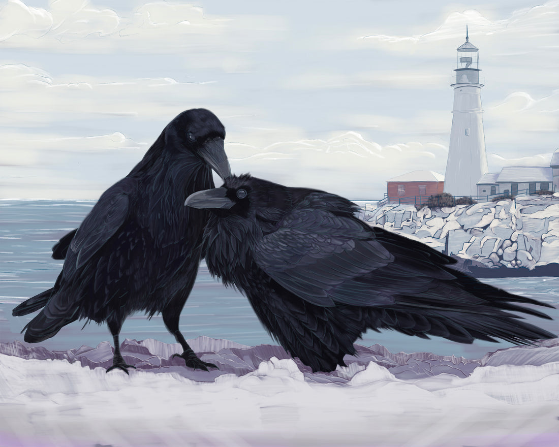 Close-up of Make Maine Goth Again by Russ Renshaw showing the two crows on snow beside the ocean