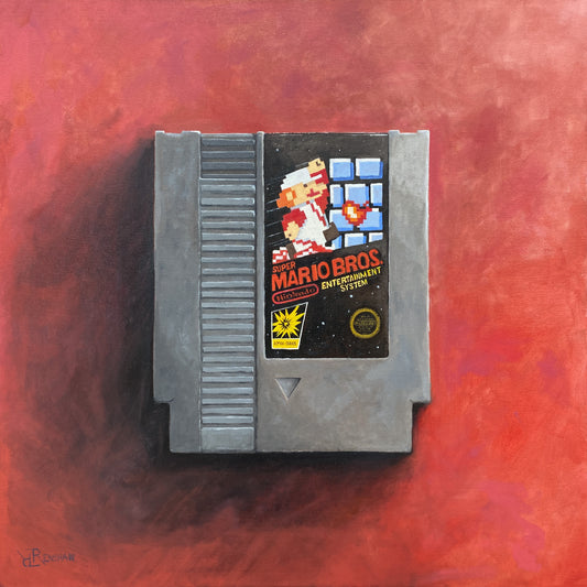 My Genesis: 01.nes art print by Russ Renshaw: a Super Mario Bros. NES cartridge on a red background