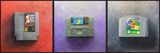 My Genesis triptych print set by Russ Renshaw: three prints of NES, SNES and N64 Mario cartridges side by side on red, violet and gray