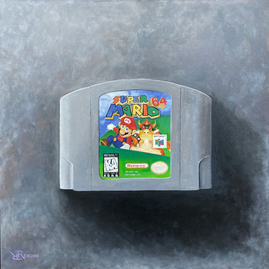 My Genesis: 03.n64 art print by Russ Renshaw: a Super Mario 64 N64 cartridge on a gray background
